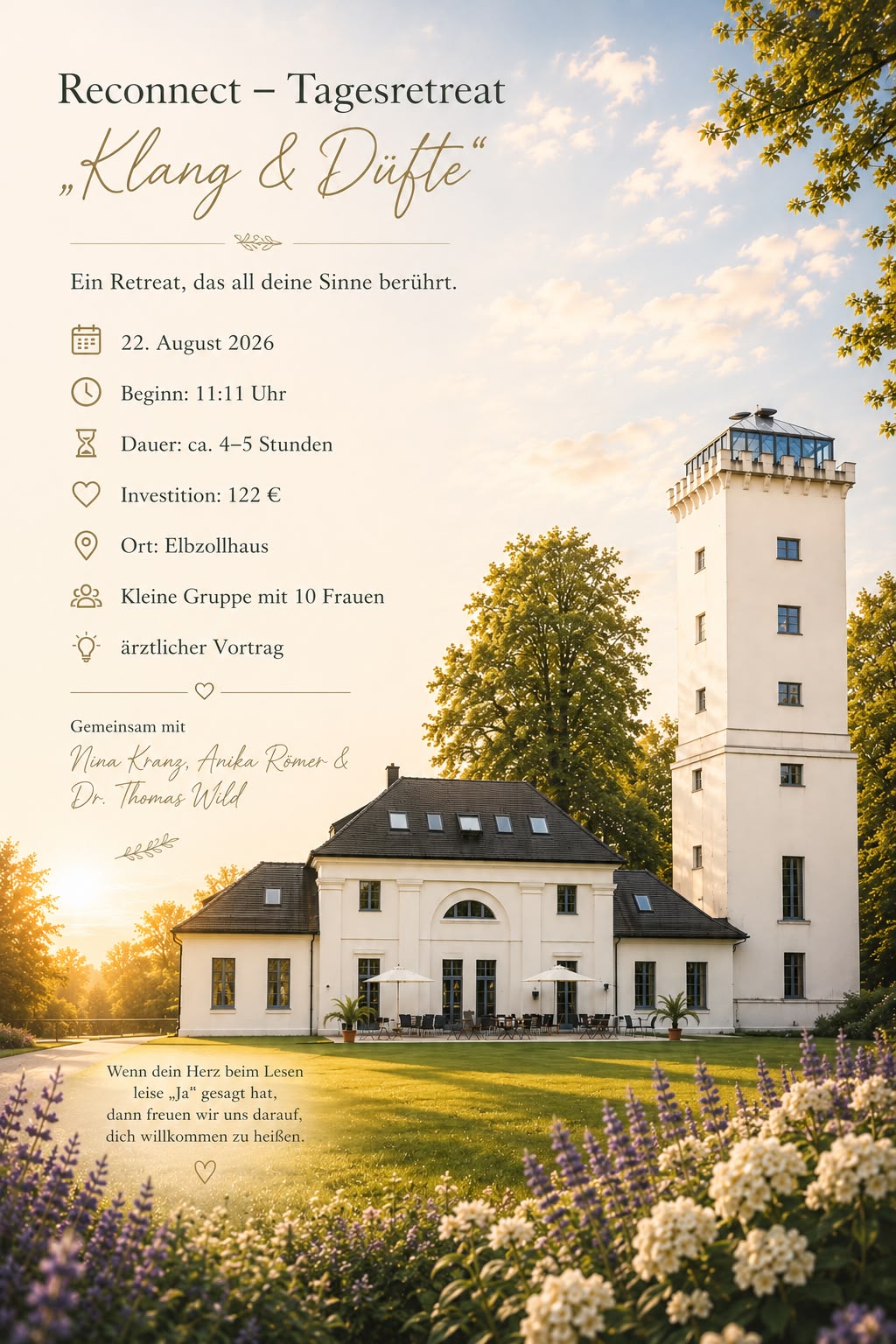 Flyer Reconnect Tagesretreat – Klang & Düfte, 22. August 2026, Elbzollhaus